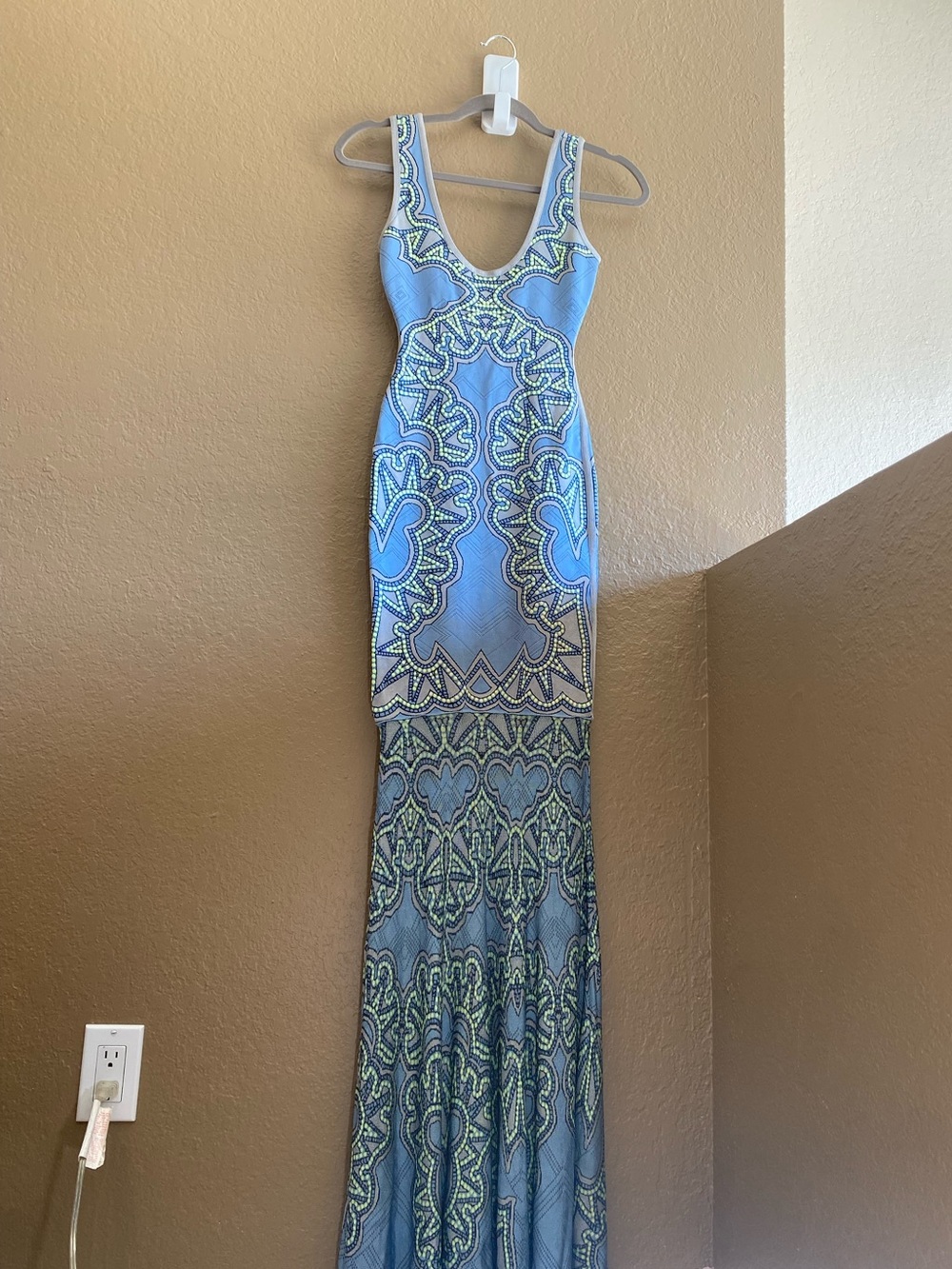 Herve Leger Blue and Lime Patterned Maxi Bodycon Dress